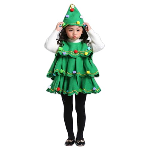 Yoisdtxc Weihnachtsbaumkleid für Kinder, Mädchen, Rollenspiel-Kostüm, gestuftes, ärmelloses Kleid mit grünem Hut, Elfenkleider (A-Grün, 3–4 Jahre) von Yoisdtxc