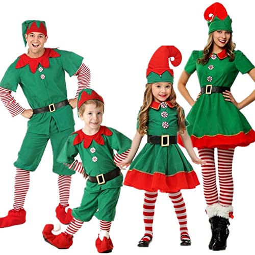 Yoisdtxc Weihnachtsmann-Kostüm für Damen und Herren, Weihnachtsmann-Kleid/Oberteil + Hose/Beinwärmer + Hut + Gürtel, Weihnachts-Rollenspiel-Kostüm (Damen, M, grünes Elfenkostüm) von Yoisdtxc