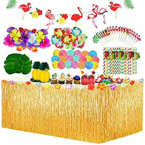 Yojoloin 128 Stück Hawaii Party Dekoration Kit, Hawaii Luau Tischröcke 9ft, Hawaiianische Blumen,Künstliche Palmenblätter, Luau Hawaii Banner Foto Requisiten Zubehör für DIY Garten Beach Party Deko von Yojoloin