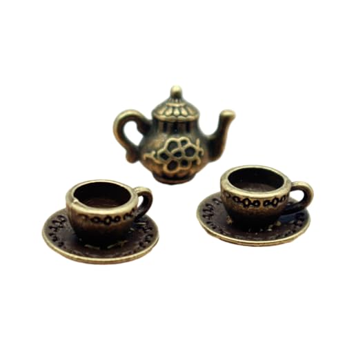 Yokawe 5-teiliges Miniatur-Teegeschirr-Spielset, Puppenhaus-Teekannen-Set im Verhältnis 1:12 1:6 mit 1 Teekanne, 2 Teetassen und 2 Tee-Untersetzern Antike Bronze von Yokawe