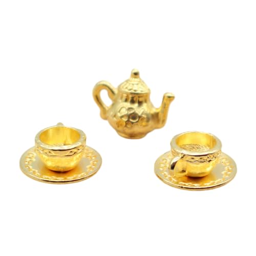 Yokawe 5-teiliges Miniatur-Teegeschirr-Spielset, Puppenhaus-Teekannen-Set im Verhältnis 1:12 1:6 mit 1 Teekanne, 2 Teetassen und 2 Tee-Untersetzern Golden von Yokawe
