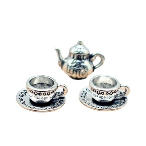 Yokawe 5-teiliges Miniatur-Teegeschirr-Spielset, Puppenhaus-Teekannen-Set im Verhältnis 1:12 1:6 mit 1 Teekanne, 2 Teetassen und 2 Tee-Untersetzern Silber von Yokawe