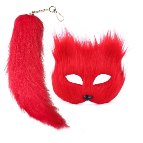 Yokawe Therian Maske Schwanz Set | Therian Tail Katze Maske für Halloween, Therian Fox Cosplay Dress Up Kostüm für Partys Rot von Yokawe