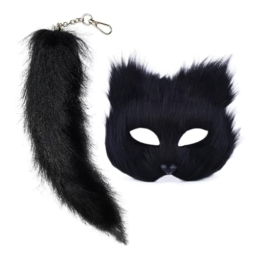 Yokawe Therian Maske Schwanz Set | Therian Tail Katze Maske für Halloween, Therian Fox Cosplay Dress Up Kostüm für Partys Schwarz von Yokawe