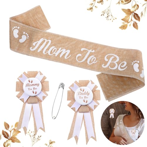 Mom to Be Schärpe Baby Shower Deko Set mit Mom to Be Daddy to Be Abzeichen Baby Shower Schärpe Sackleinen Gürtel für Mom to Be Anstecknadel für Papa Babyparty Geschenk Party Dekoration Mom to Be Schärpe Baby Shower Deko Set mit Mom to Be Daddy to Be Abzeichen Baby Shower Schärpe Sackleinen Gürtel für Mom to Be Anstecknadel für Papa Babyparty Geschenk Party Dekoration von Yolev