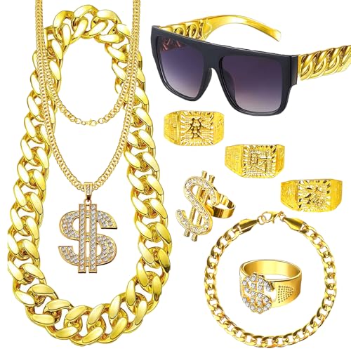 Yolistar 9 Stück Zuhälter Kostüm Goldkette Fasching,80er 90er Jahre Outfit Herren Hip Hop Rapper Kostüm,Goldkette Herren Sonnenbrille Hanzi Dollar Ring Kette Ring für Karneval Fasching Mottoparty Yolistar 9 Stück Zuhälter Kostüm Goldkette Fasching,80er 90er Jahre Outfit Herren Hip Hop Rapper Kostüm,Goldkette Herren Sonnenbrille Hanzi Dollar Ring Kette Ring für Karneval Fasching Mottoparty von Yolistar
