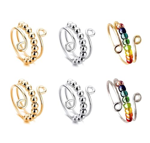 6 Stück Anti Stress Ring, Verstellbare Anxiety Ring, Antistress Ringe mit Perlen, Akupressur Ring Für Mädchen Und Frauen Stress Relief Ängstlichkeit von Yoljun