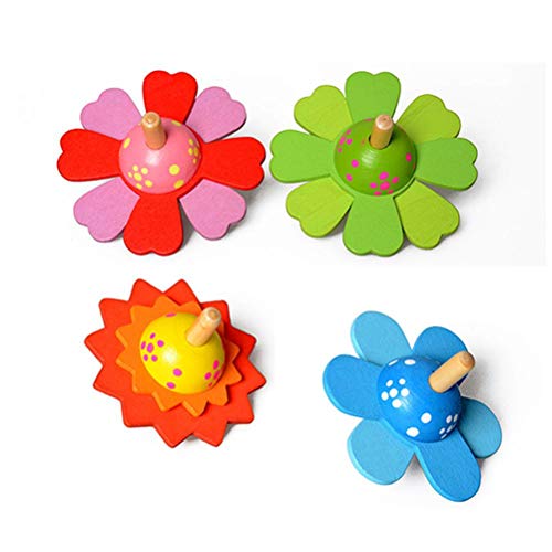 Yolluu Holzkreisel mit buntem Blumen-Kreisel, Spielzeug mit Saugnapf, handgefertigt, bemalt, bunt, für Kinder, intellektuelles Spielzeug, Geschenk, 4 Stück von Yolluu