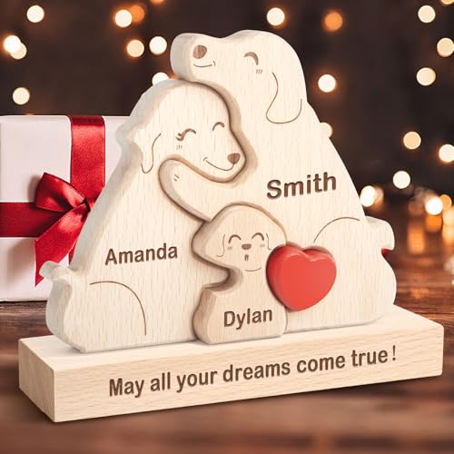 Personalisiertes Holzkunstpuzzle der Hund Familie mit 1-8 Namen, Benutzerdefinierter Holz Hund Familie Tier Skulptur Jigsaw Ornament Geschenk für Weihnachts Jubiläum Muttervatertag Vatertag von Yolnkos
