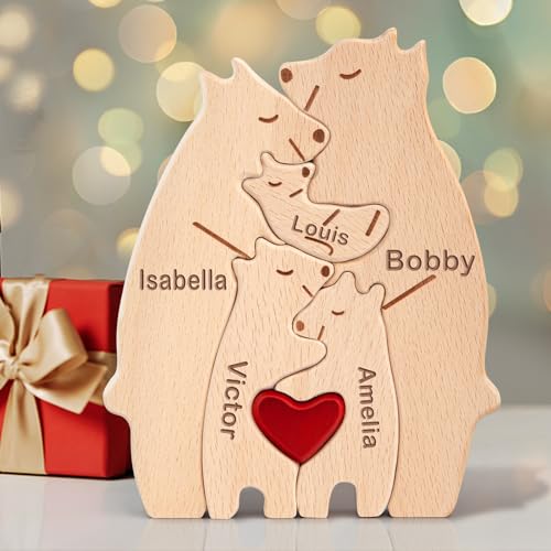 Yolnkos Personalisiertes Holzkunstpuzzle der Bärenfamilie mit 1-8 Namen We are One Holz Bär Tier Skulpturen Desktop Ornament Heim Büro Tischdekoration Ideen Geschenk für Weihnachts Jubiläum Geburtstag von Yolnkos