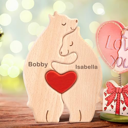 Yolnkos Personalisiertes Holzkunstpuzzle der Bärenfamilie mit 1-8 Namen We are One Holz Bär Tier Skulpturen Desktop Ornament Heim Büro Tischdekoration Ideen Geschenk für Weihnachts Jubiläum Geburtstag von Yolnkos