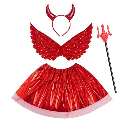Yolyoo Teufel Flügel Kinderkostüm Set Teufel Kostüm Kit Teufel Hörner Stirnband Teufelgabel Tutu Rock für Halloween Cosplay Karneval Fancy Kleid von Yolyoo