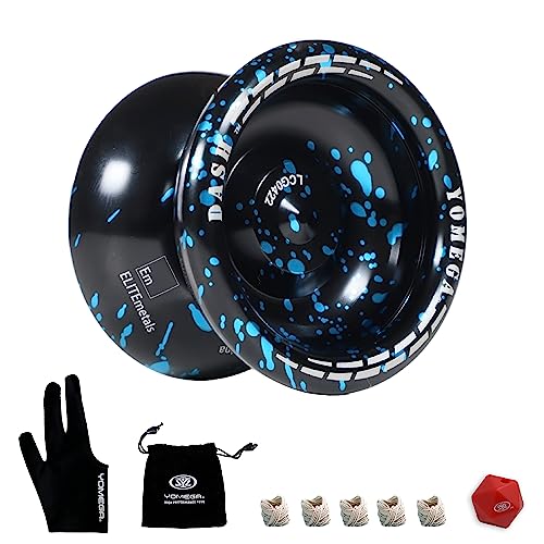 Yomega Dash Yoyo - Pro Aluminum Metal Unresponsive Yoyo with C Size Ball Bearing for Advanced yo yo Tricks + Extra 5 Strings + Glove + Bag + Die & 3 Month Warranty (Black Blue) von Yomega