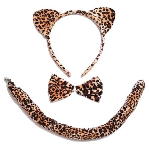 Gepardenkostüm für Damen, Erwachsene, Gepardenohren und -schwanz, Leopardenohren und Schwanz, Fliege, Set, Gepardenohren, Stirnband, Leopardenkostüm für Damen, Tierohren, Zubehör für Halloween von Yomglyxn