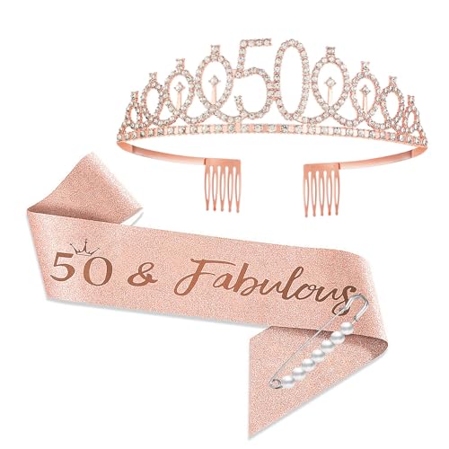 YongHang 50 Geburtstag Frau Deko Schärpe und Tiara Rose Gold 50. Geburtstag Geschenke Krone für Birthday Party Dekorationen Geschenk zum 50 Geburtstag Frauen von YongHang