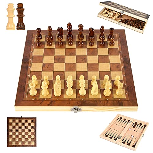 YongHang Schachspiel aus Holz 3 in 1 Tragbare klappbar Schachbrett International Schach Reiseschach Chess Board Set für Party Familie Aktivitäten Kinder Erwachsene Reisen von YongHang