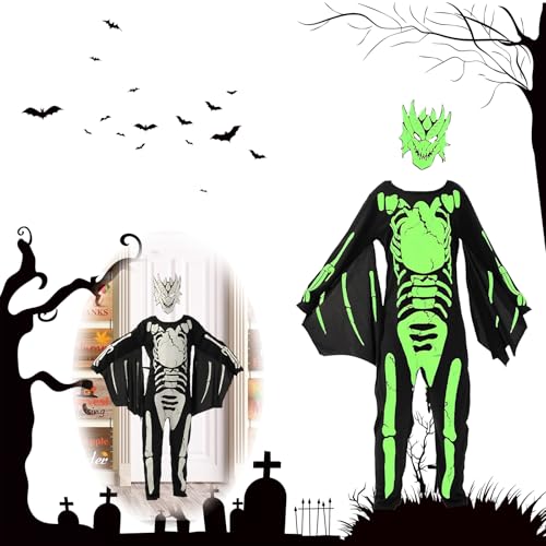 YongSral Skelett Kostüm für Kinder - Halloween Overall Mit Maske und Schwanz, Leuchtend - Geeignet für Cosplay, Party, Karneval (L) von YongSral