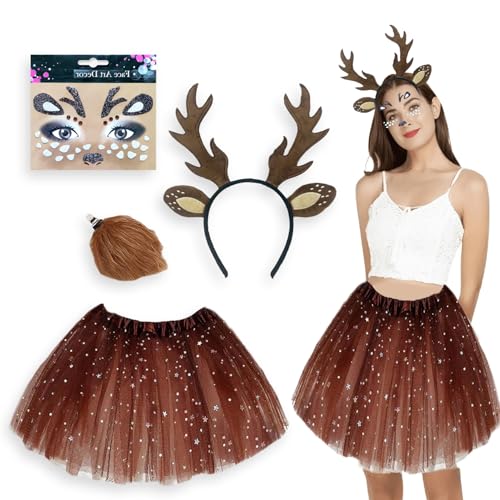 YongSral Damen Reh Kostüm mit Geweih Haarreif, Gesichtsaufkleber und Tüllrock, Faschingskostüm, Karneval Kostüm, Cosplay Party, Weihnachten YongSral Damen Reh Kostüm mit Geweih Haarreif, Gesichtsaufkleber und Tüllrock, Faschingskostüm, Karneval Kostüm, Cosplay Party, Weihnachten von YongSral