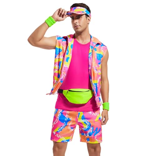 Yonroik 5 Stück 80er Jahre Workout Kostüm für Herren Halloween Cosplay 80er 90er Jahre Workout Outfit Party Kleidung für Erwachsene Herren, Pink, M von Yonroik