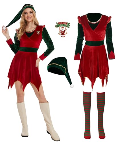 Yonroik Kostüm für Damen, Damenkostüm, Weihnachten, Cosplay, 4 Stück, niedliches Kleid, Urlaub, Party, Kostüme (rot, klein) von Yonroik