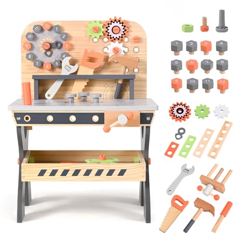 Yontwe Kinderwerkbank aus Holz, Spielwerkzeuge Werkzeugbank aus Holz Multifunktions Simulationswartung Werkzeugtabelle zur Demontage von Schrauben und Muttern für 3+ Jahre alt von Yontwe