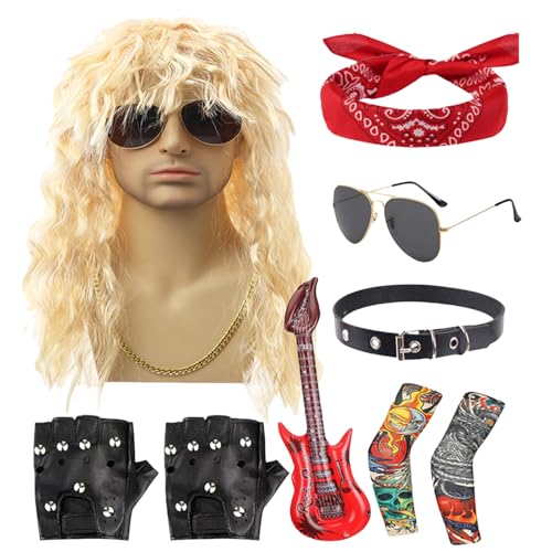 Yonuaret 80er Jahre Rocker Kostüm | 70er Jahre Musikstar Verkleidungsset | Mit Perücke Und Sonnenbrille Für Herren Damen Halloween Festival Party Bühnenshow von Yonuaret