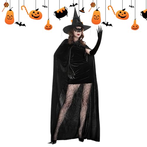 Yonuaret Hexenkostüm Für Erwachsene Damen, Hexenhut Set, Umhang Handschuhe Spitzenmaske Socken Für Halloween Cosplay Konzert Gothic Events Partys von Yonuaret