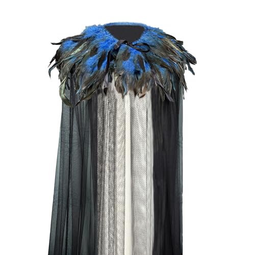 Yoodeet Gothic Federn Cape mit Tüll, Schwarz, Kostüm Umhang mit Federkragen (Blau) von Yoodeet