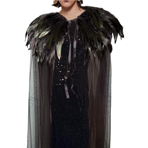 Yoodeet Gothic Federn Cape mit Tüll, Schwarz, Kostüm Umhang mit Federkragen (Schwarz) von Yoodeet