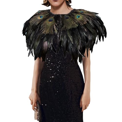 Yoodeet Handgemachte Feder Schal Pfau Feder Cape Kragen, schwarze Federn mit irisierenden Augen, Gothic Kostüm Zubehör Vielseitige Kopfstück Braut Zubehör Theaterkostüm von Yoodeet