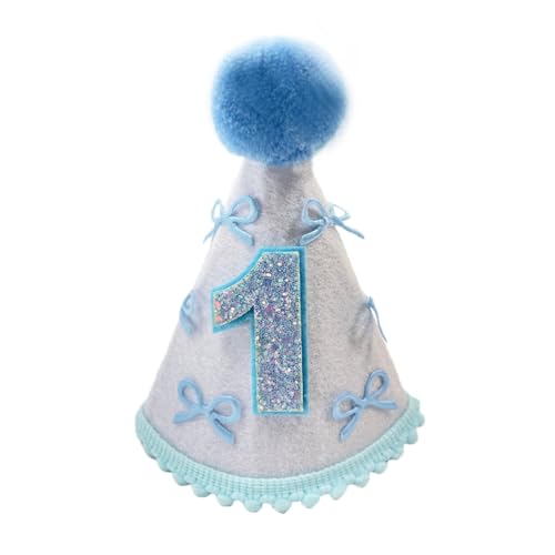 Yoolhamy 1. Geburtstag Hut für Baby Mädchen und Jungen - Handgemachte Filzkegel Erste Mütze mit Pom Pom - One Birthday Dekorationen für Cake Smash, Fotoshooting & Party Feiern (Blaue Schleife) von Yoolhamy