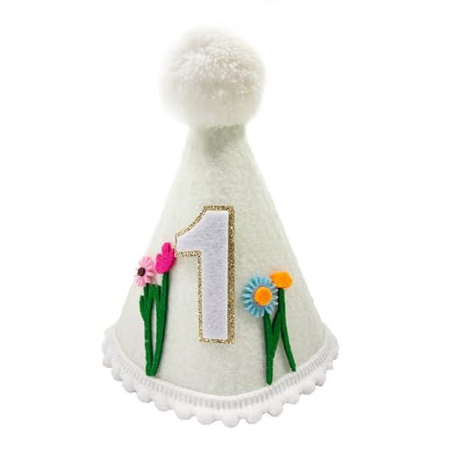 Yoolhamy 1. Geburtstag Hut für Baby Mädchen und Jungen - Handgemachte Filzkegel Erste Mütze mit Pom Pom - One Birthday Dekorationen für Cake Smash, Fotoshooting & Party Feiern (Weiß) von Yoolhamy