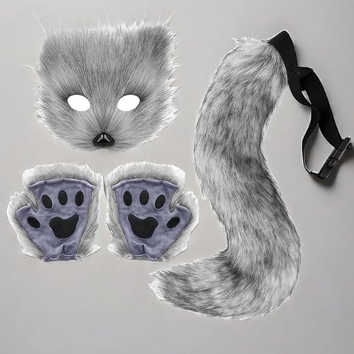 Yoolhamy Fuchs pelziger Schwanz Katze Wolf Cosplay Plüsch Maske Pfote Handschuhe Set Kunstfell Kostüm für Halloween, Buchtag, Rollenspiel (Grau, Einheitsgröße) von Yoolhamy