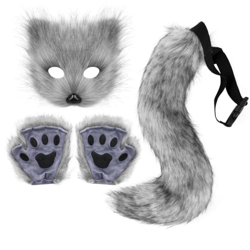 Yoolhamy Fuchs pelziger Schwanz Katze Wolf Cosplay Plüsch Maske Pfote Handschuhe Set Kunstfell Kostüm für Halloween, Buchtag, Rollenspiel (Grau, Einheitsgröße) von Yoolhamy