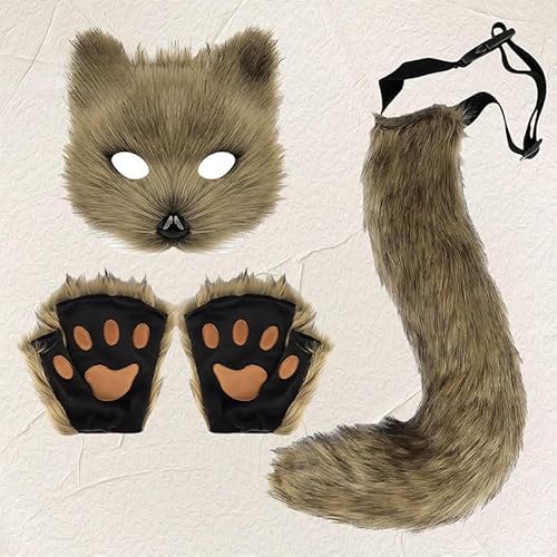 Yoolhamy Fuchs pelziger Schwanz Katze Wolf Cosplay Plüsch Maske Pfote Handschuhe Set Kunstfell Kostüm für Halloween, Buchtag, Rollenspiel (Kaffee, Einheitsgröße) von Yoolhamy