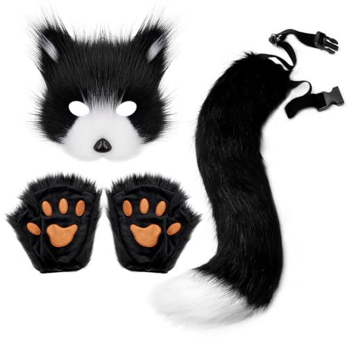 Yoolhamy Fuchs pelziger Schwanz Katze Wolf Cosplay Plüsch Maske Pfote Handschuhe Set Kunstfell Kostüm für Halloween, Buchtag, Rollenspiel (Schwarz, Einheitsgröße) von Yoolhamy
