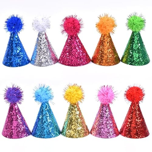 Yoolhamy Geburtstagshut für Hunde, 10 Stück Mini-Partyhüte für Stofftiere, bunte Glitzer-Welpen- und Katzenhut mit verstellbarem Riemen für kleine Tiere, Kinder und Plüsch-Teddys (12 x 7,5 cm (für von Yoolhamy