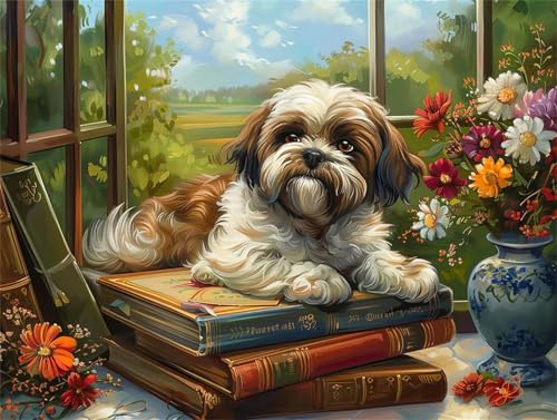 Puzzles 30 Teile, Puzzle Für Erwachsene,25x20 cm Puzzle Lernspiel Herausforderung Spielzeug 30 Fensterbank Blumenstrauß Hund Puzzles für Erwachsene von Yoonqun