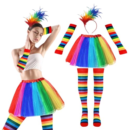 Yootiko 4er Regenbogen Tüllrock Damen,Karneval Kostüm Damen,Tütü Damen,Bunte Feder Stirnband,Tüllrock Bunt Clown Kostüm Damen,Regenbogen Kniestrümpfe,Fingerlose Handschuhe für Fasching Mottoparty Yootiko 4er Regenbogen Tüllrock Damen,Karneval Kostüm Damen,Tütü Damen,Bunte Feder Stirnband,Tüllrock Bunt Clown Kostüm Damen,Regenbogen Kniestrümpfe,Fingerlose Handschuhe für Fasching Mottoparty von Yootiko