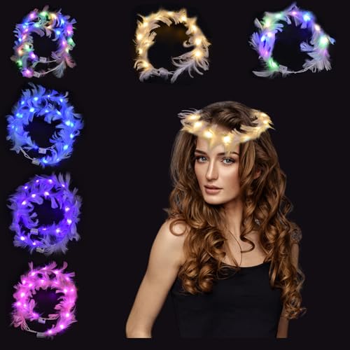 Yootiko 10pcs Led Feder Stirnband,Led Haarreif,Blumenkranz Haare Leuchtend,Lichterkette Mit Federn,Leuchtender Kopfschmuck für Damen Kinder Weihnachten Halloween Karneval Party Hochzeit Haarschmuck von Yootiko