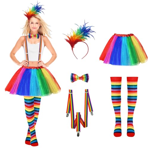 Yootiko 4er Regenbogen Tüllrock Damen,Karneval Kostüm Damen mit Tütü Damen,Bunte Feder Stirnband Tüllrock Bunt Clown Kostüm Damen Regenbogen Kniestrümpfe Fingerlose Handschuhe für Fasching Mottoparty Yootiko 4er Regenbogen Tüllrock Damen,Karneval Kostüm Damen mit Tütü Damen,Bunte Feder Stirnband Tüllrock Bunt Clown Kostüm Damen Regenbogen Kniestrümpfe Fingerlose Handschuhe für Fasching Mottoparty von Yootiko