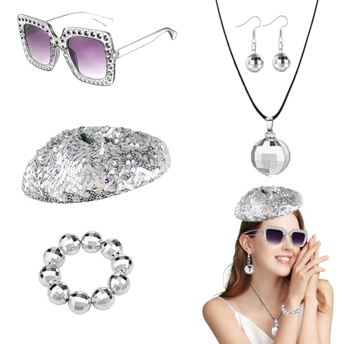 Yootiko 5 Stück Disco Party Accessoires,70er 80er Jahre Hippie Kostüm Damen,Glitzer Pailletten Disco Hut,Discokugel Halskette Armband Ohrringe,Sonnenbrille Silvester Outfit Set für Fasching Karneval von Yootiko