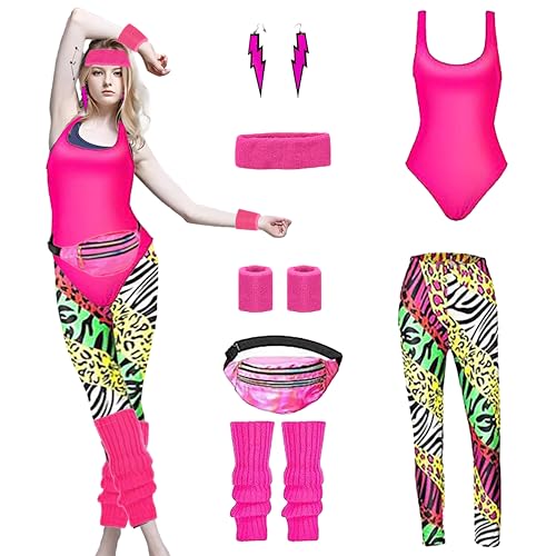 Yootiko 80er Jahre Outfit Damen,80er Aerobic Outfit Kleidung Retro Neon Kostüm Outfit Accessoires Top Leggings Stirnband Handschlaufe Beinschutz Bauchtasche Ohrringe 7 Teiliges für Karneval Mottoparty von Yootiko