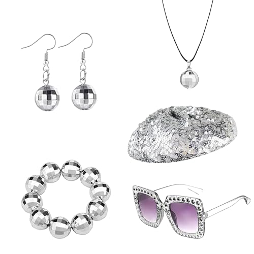 Yootiko Damen 70er Jahre Disco Kostüm Zubehör – Glitzernde Schlager Outfit Accessoires mit Hut, Ohrringen, Halskette, Schnürsenkeln & Sonnenbrille für Karneval & Mottoparty Silver von Yootiko