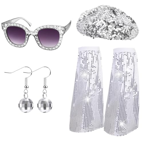 Yootiko Discokugel Kostüm Party Accessoires,70er Jahre Outfit Damen Abba Kostüm,80er Jahre Disco Accessoires,Pailletten Halskette,Brille,Spiegelkugel Ohrringe,Glitzer Stulpen für Fasching Karneval von Yootiko