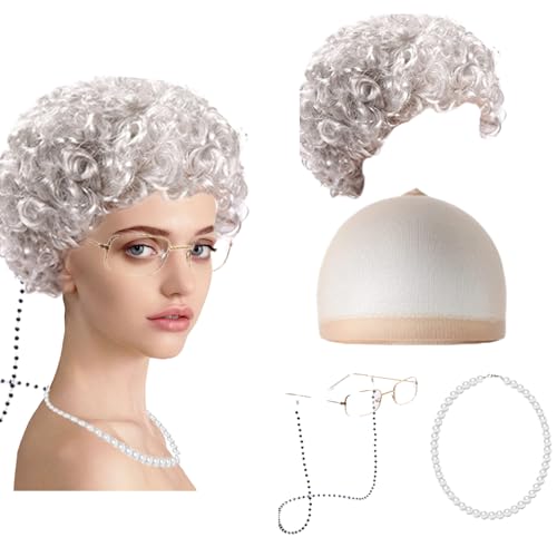 Yootiko Oma Perücke Kostüm Set,5 Stück Alte Dame Perücke Old Lady Kostüm Cosplay Zubehör Oma Brille Brillen Ketten Armband Perlenkette Damen Großmutter Zubehör für Ostern Fasching Karneval Cosplay Yootiko Oma Perücke Kostüm Set,5 Stück Alte Dame Perücke Old Lady Kostüm Cosplay Zubehör Oma Brille Brillen Ketten Armband Perlenkette Damen Großmutter Zubehör für Ostern Fasching Karneval Cosplay von Yootiko
