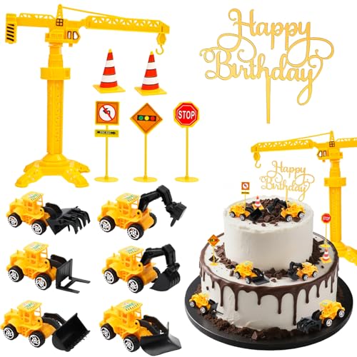 Yooyan 13 Stück Bagger Kuchendeko, Kuchen Deko Baustelle, Baustellenfahrzeuge Verkehrsschilder Kinder, mit Verkehrsschilder Gold Geburtstag Baufahrzeug Turm Krancake Topper, Bau Thema Party Supplies von Yooyan