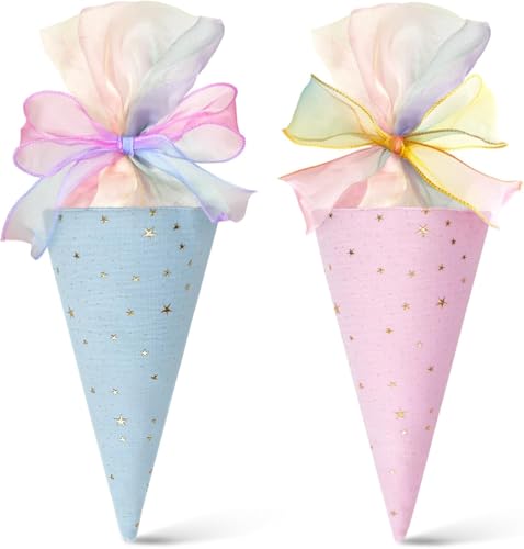 Yooyan 2 Stück Geschenktüte Schultüte, Bunte Bänder mit Sternen, Einschulungstüte Zuckertüte Geschwistertüte, Füllung Kleine Zuckertüte Schultüten für Schüler Studenten (Blau+Rosa) von Yooyan