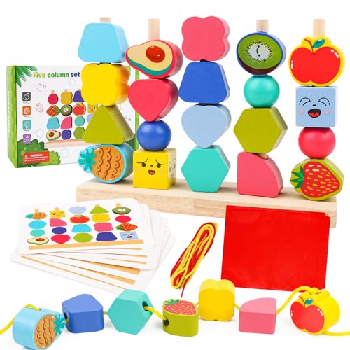 Yooyan Montessori Spielzeug ab 2 3 4 5 Jahre, Holzspielzeug mit Steckspiel Fädelspiel Bausteinen, Feinmotorik Sortierspiel Lernspiele mit Karten, Formen-Zuordnungsspielzeug für Baby Jungen Mädchen von Yooyan
