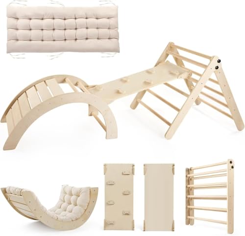 Pikler Dreiecks-Set mit Kissen, groß, 5-in-1, zusammenfaltbar, Climbing-Set, Indoor-Spielzeug-Set für Kinder, Holzkletterspielzeug mit Ramp und Arch Climber für Kinder (Holzfarbe) von Yopnoyik
